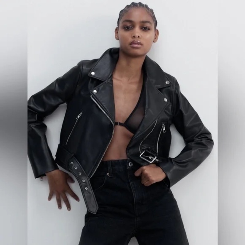 Zara Black Vegan Leather Women's Moto Jacket Size S